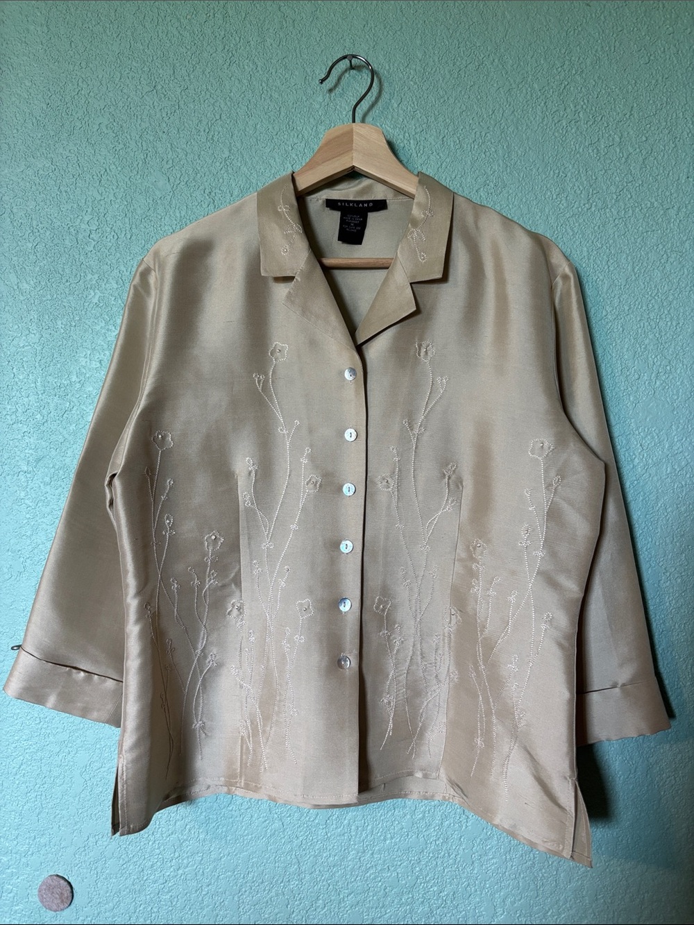 SilkLand 100% Silk Champagne Embroidered Button-Down Blouse, size M - like new